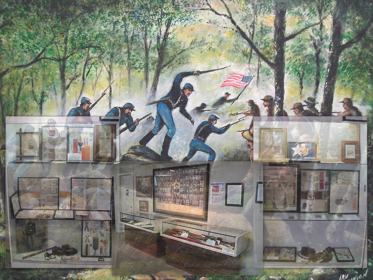 Collage of the War is Cruelty exhibit at the Cattaraugus County Museum