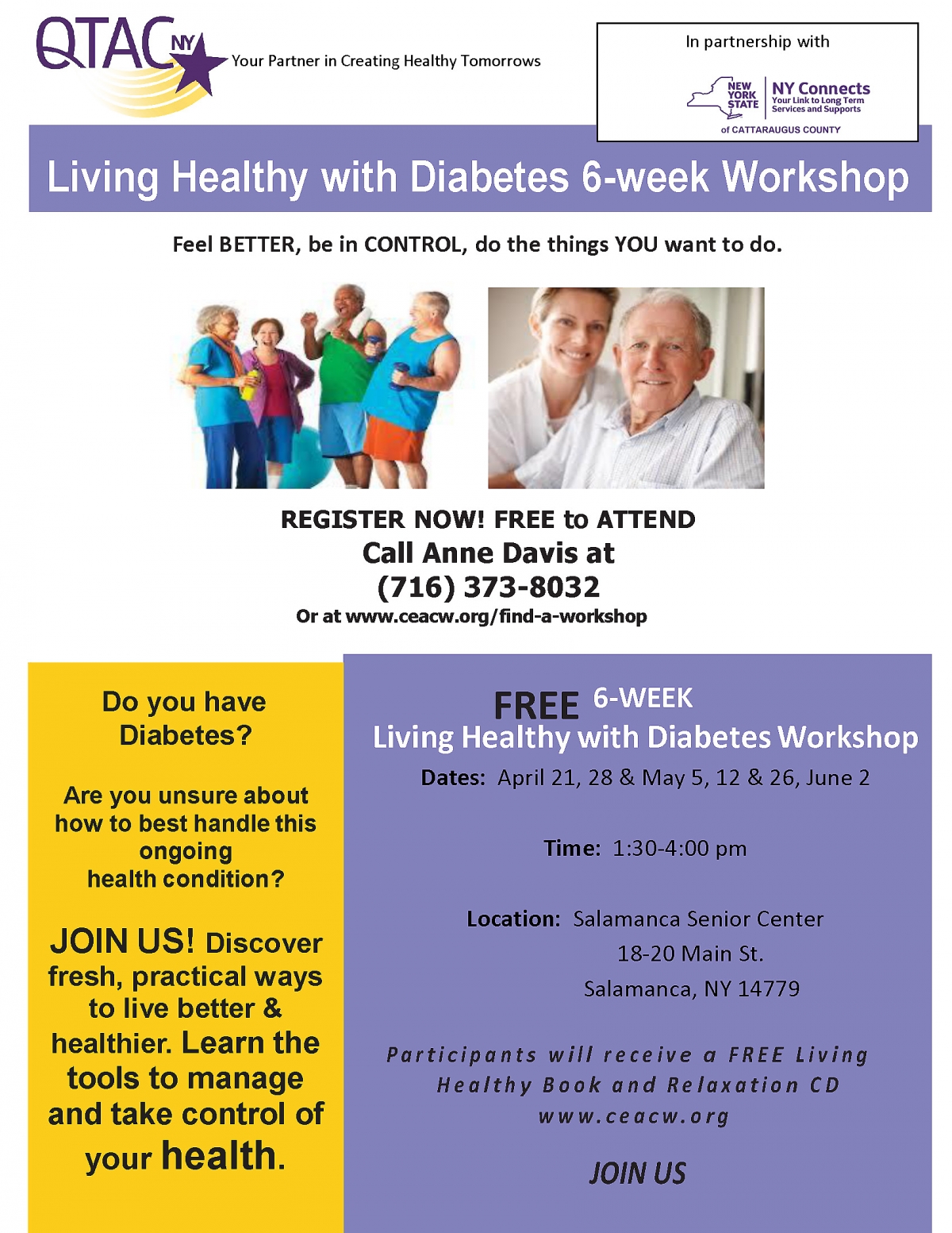 Flyer for Living Healthy with Diabetes 6-week workshop starting in April 2016