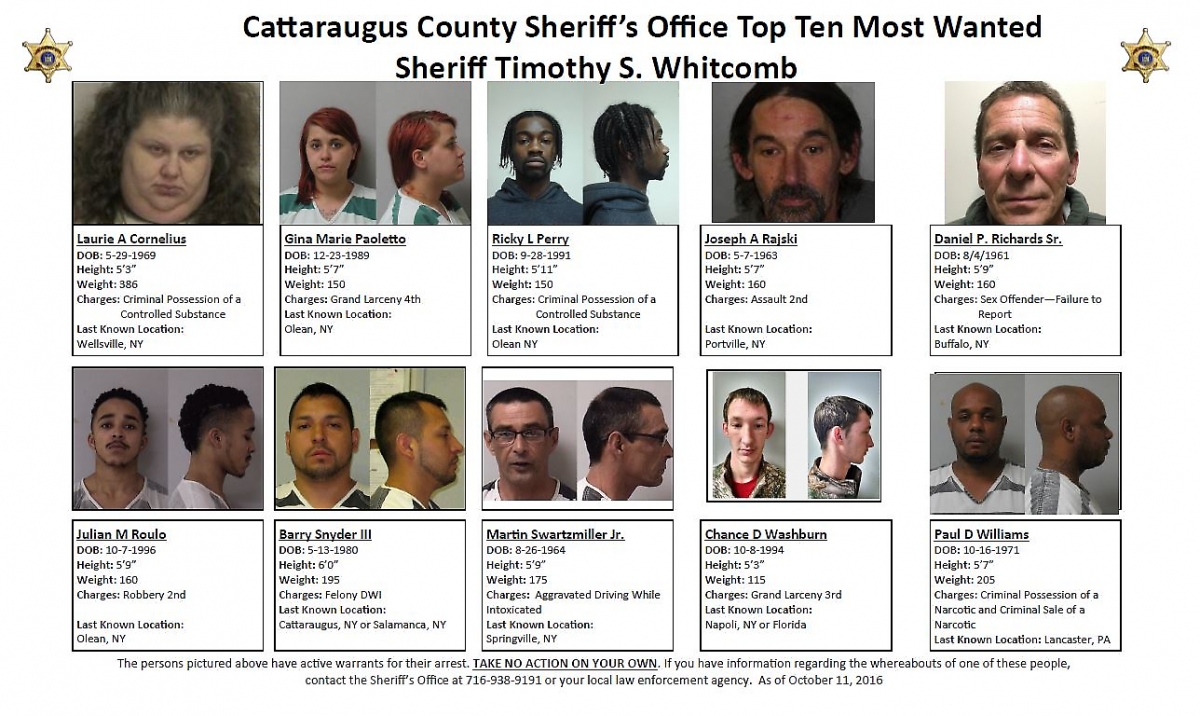 Cattaraugus County's Top Ten Most Wanted individuals posted in October 2016