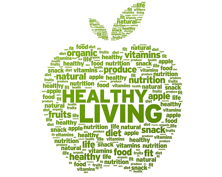 Healthy Living text in the shape of an apple.