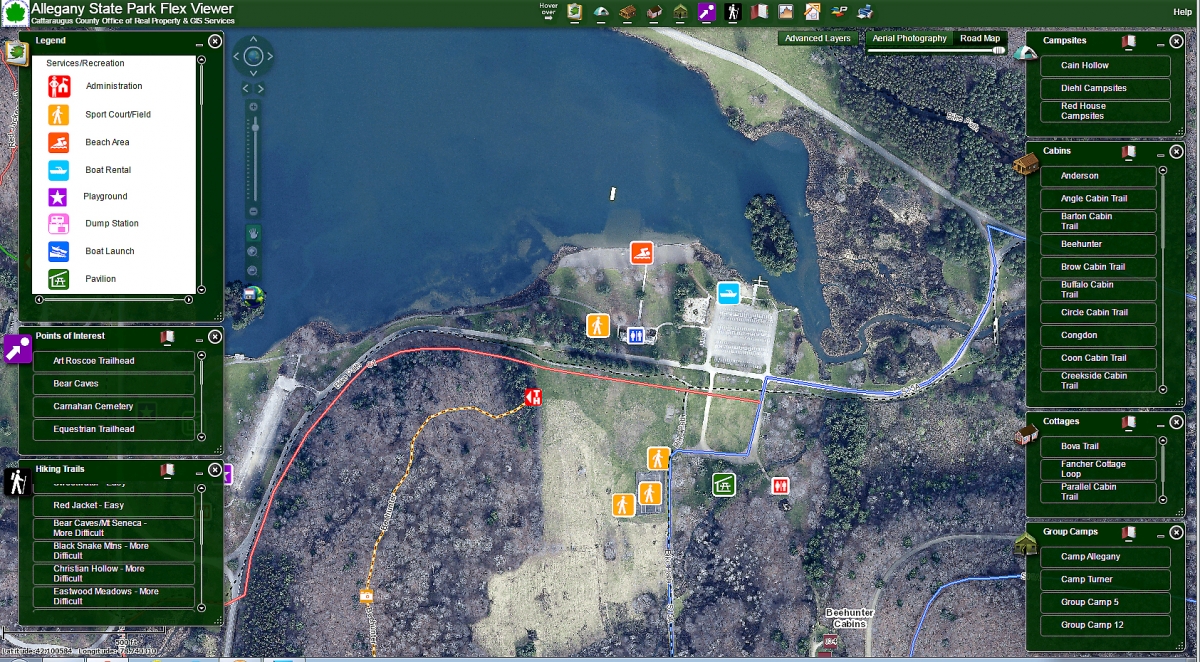 Screenshot of Allegany State Park Map Viewer zoomed in on Red House Lake and beach showing Recreation icons. 2015-08-10 Screenshot of Allegany State Park Map Viewer zoomed in on Red House Lake