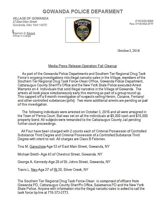 Image of Press Release from the Gowanda Police Department