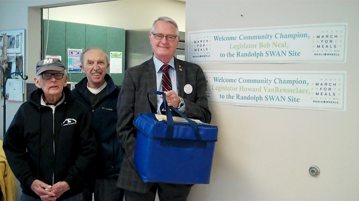 From left to right, the first two gentlemen are Larry and Jack, Meals on Wheels volunteers. The gentleman on the far right is Cattaraugus County Legislator Howard Van Rensselaer. Larry and Jack (Meals on Wheels volunteers), Howard Van Rensselaer (Legislator)