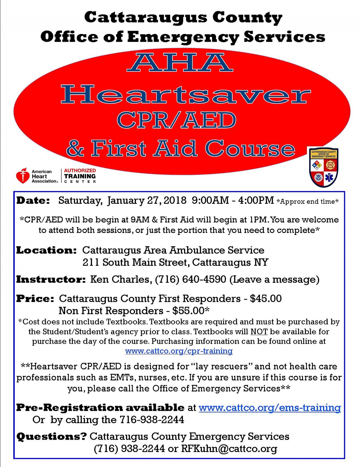 Poster for American Heart Association CPR/AED & First Aid Training on January 27