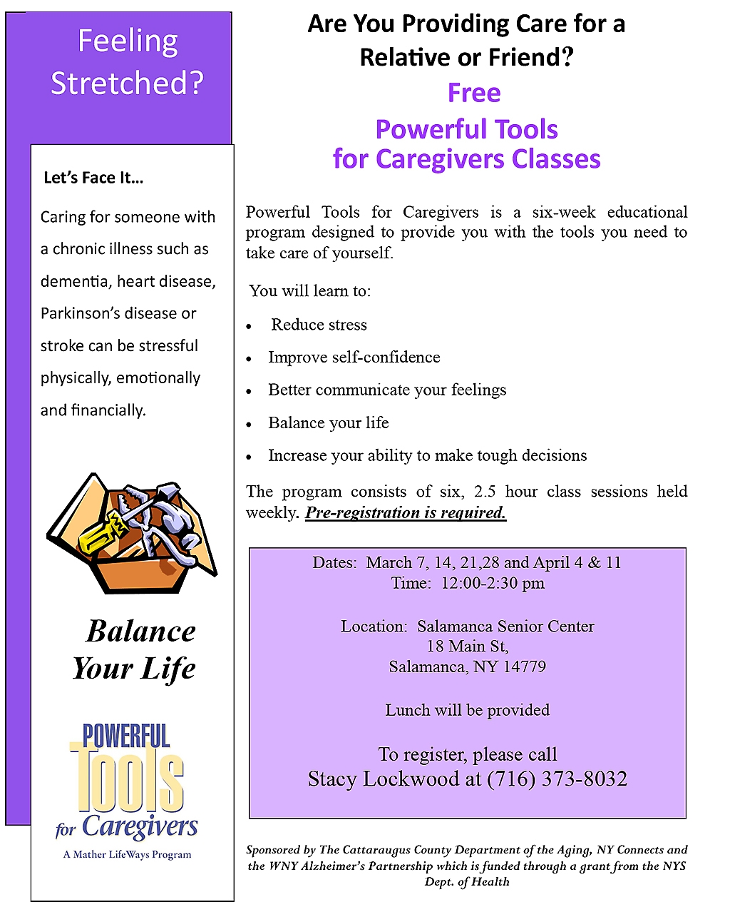 Flyer for the free classes on Powerful Tools for Caregivers