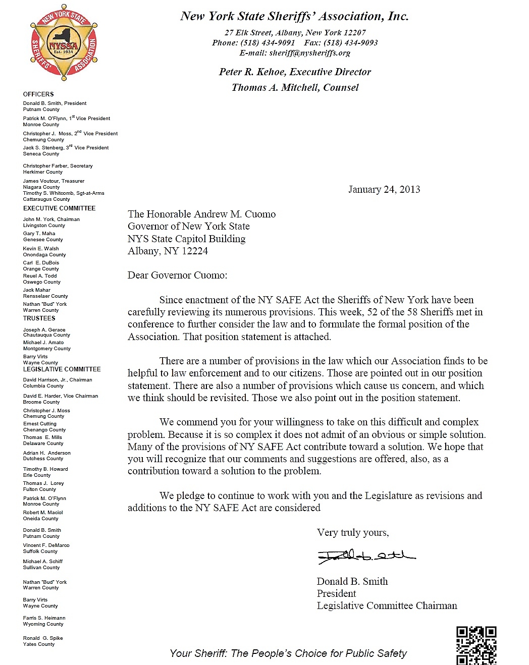 Sheriffs Association cover letter regarding Sheriffs' Response to NY SAFE Act
