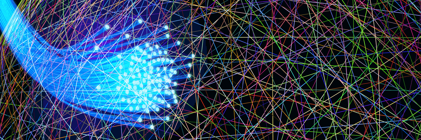 Network graphic with some lit-up fiber-optic strands