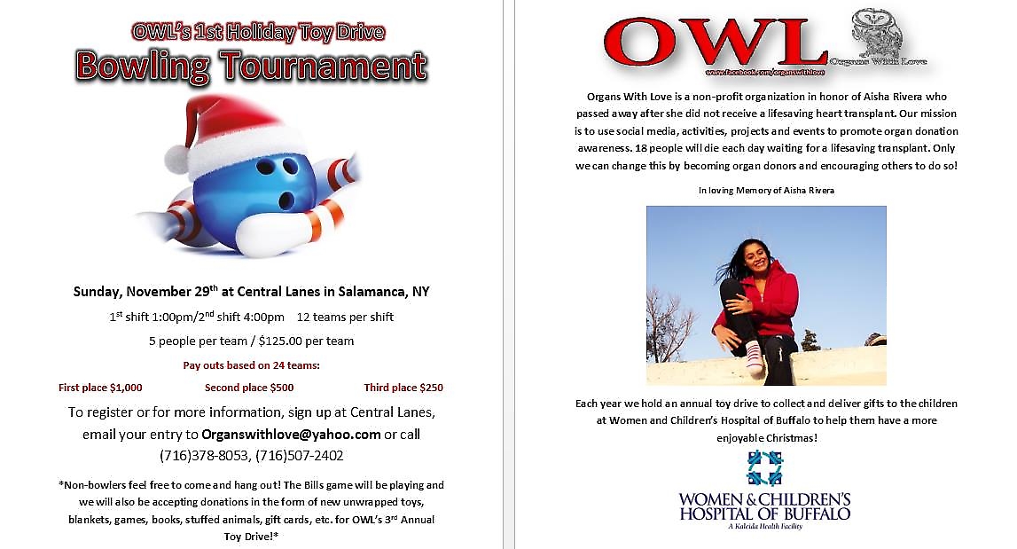Flyer for OWL's Holiday Toy Driver Bowling Tournament