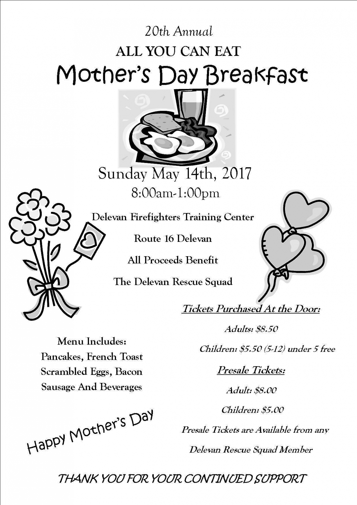 20th Annual "All-You-Can-Eat" Breakfast for Mother's Day in Delevan, NY