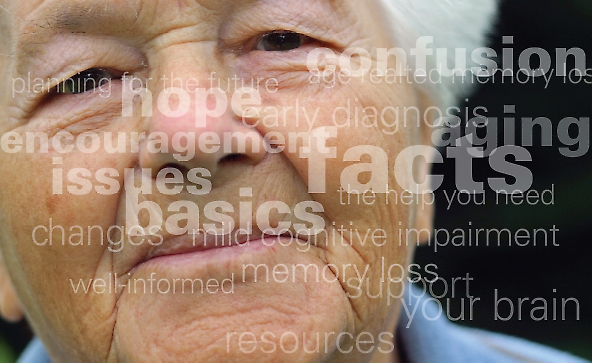 Word cloud related to Alzheimer's Disease with elderly woman in the background