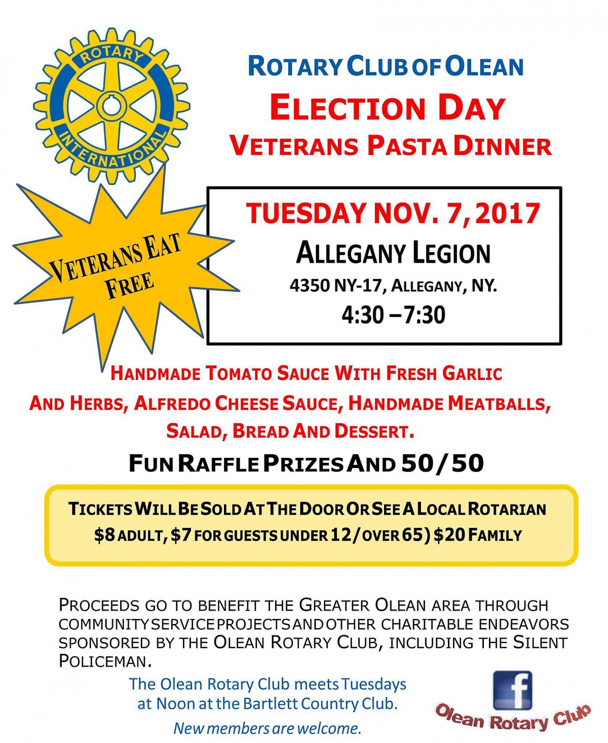 Poster for Nov. 7, 2017 Election Day Veterans Pasta Dinner at Allegany Legion