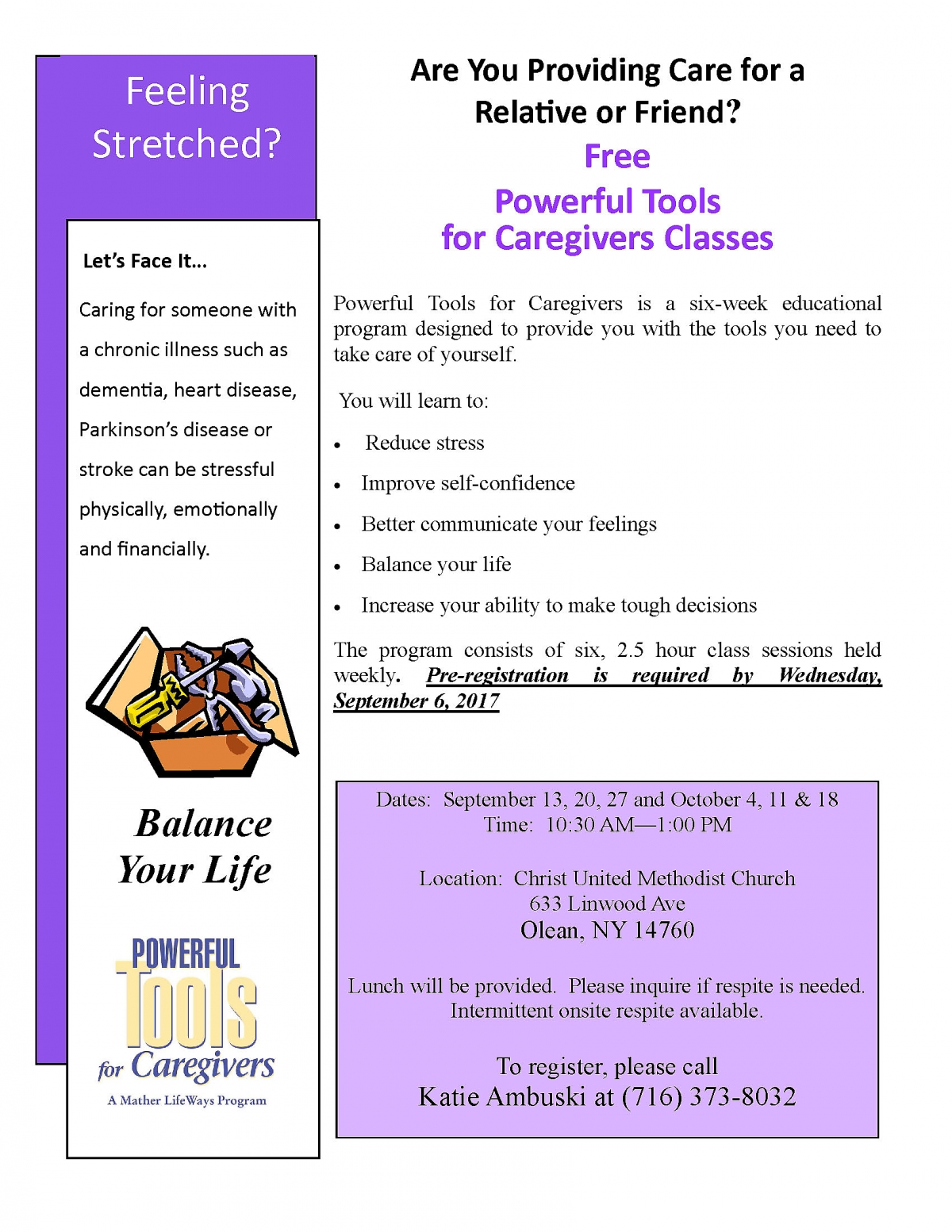 Flyer for the free classes on Powerful Tools for Caregivers Sept. 2017