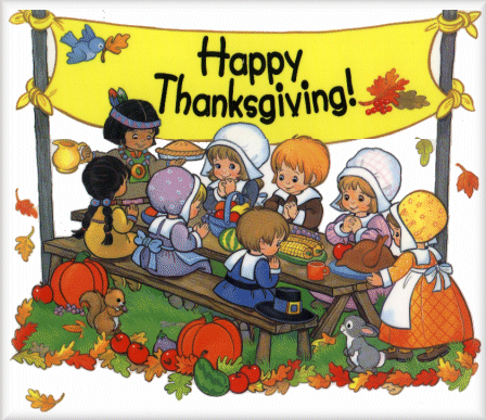 Happy Thanksgiving graphic with Indian and pilgrim kids sitting at a table
